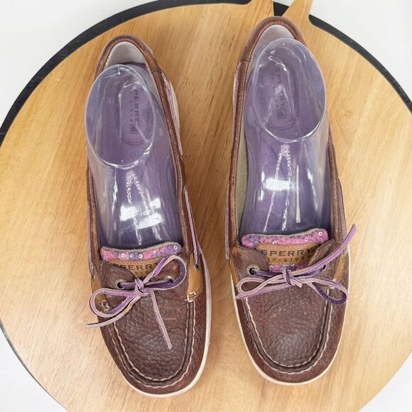 Sperry Angelfish Varsity Leather Floral Sequin Boat Shoe Purple Brown 9.5 - Picture 4 of 11